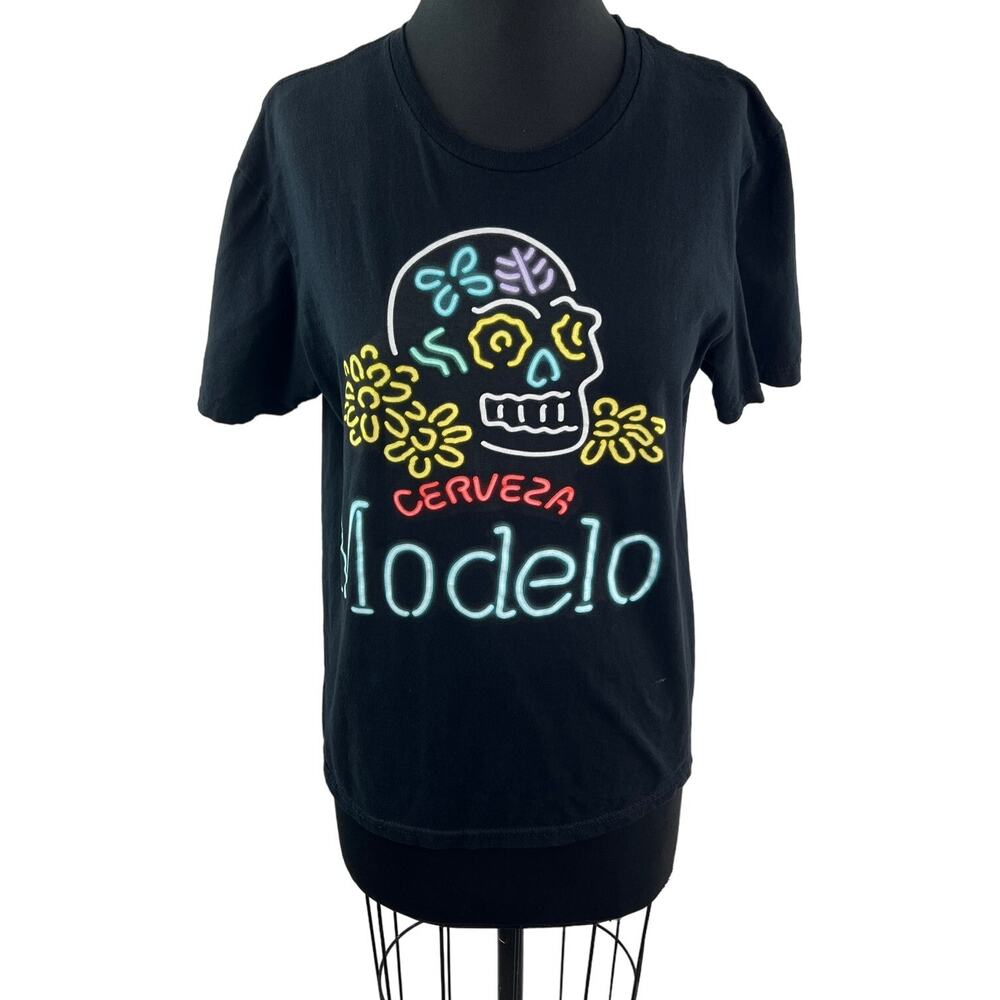 MODELO Cerveza Black Top Cotton Neon Skull Floral Graphic Crew Tee Size Medium M